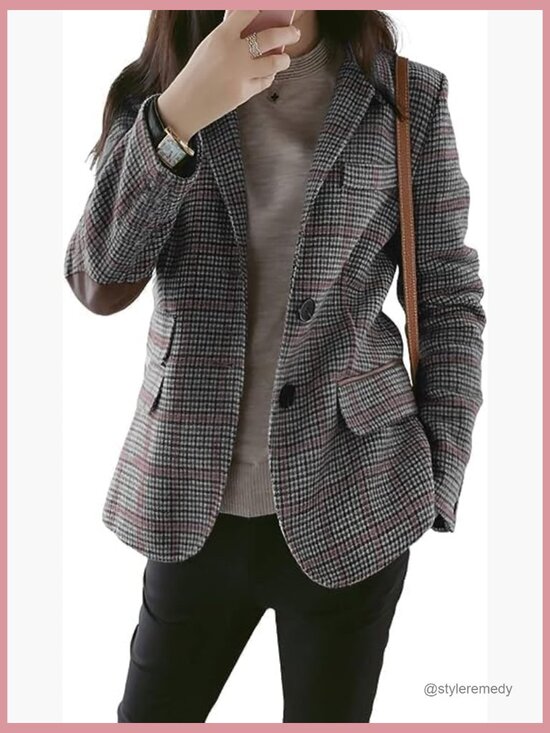 Jackets & Blazers - Women's Chic Lapel Collar Plaid 2-Button Business Work Office Blazer Suit Jacket